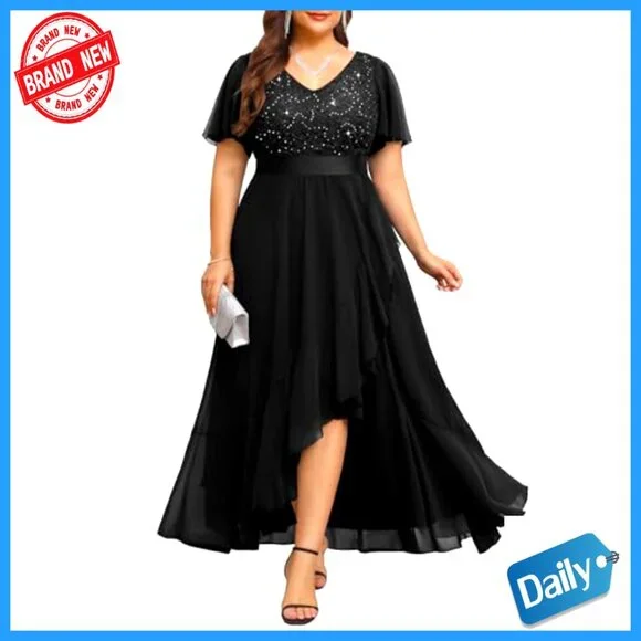 Sequin Chiffon Formal Dress Elegant Evening Wedding Guest Cocktail Gown - Picture 5 of 7